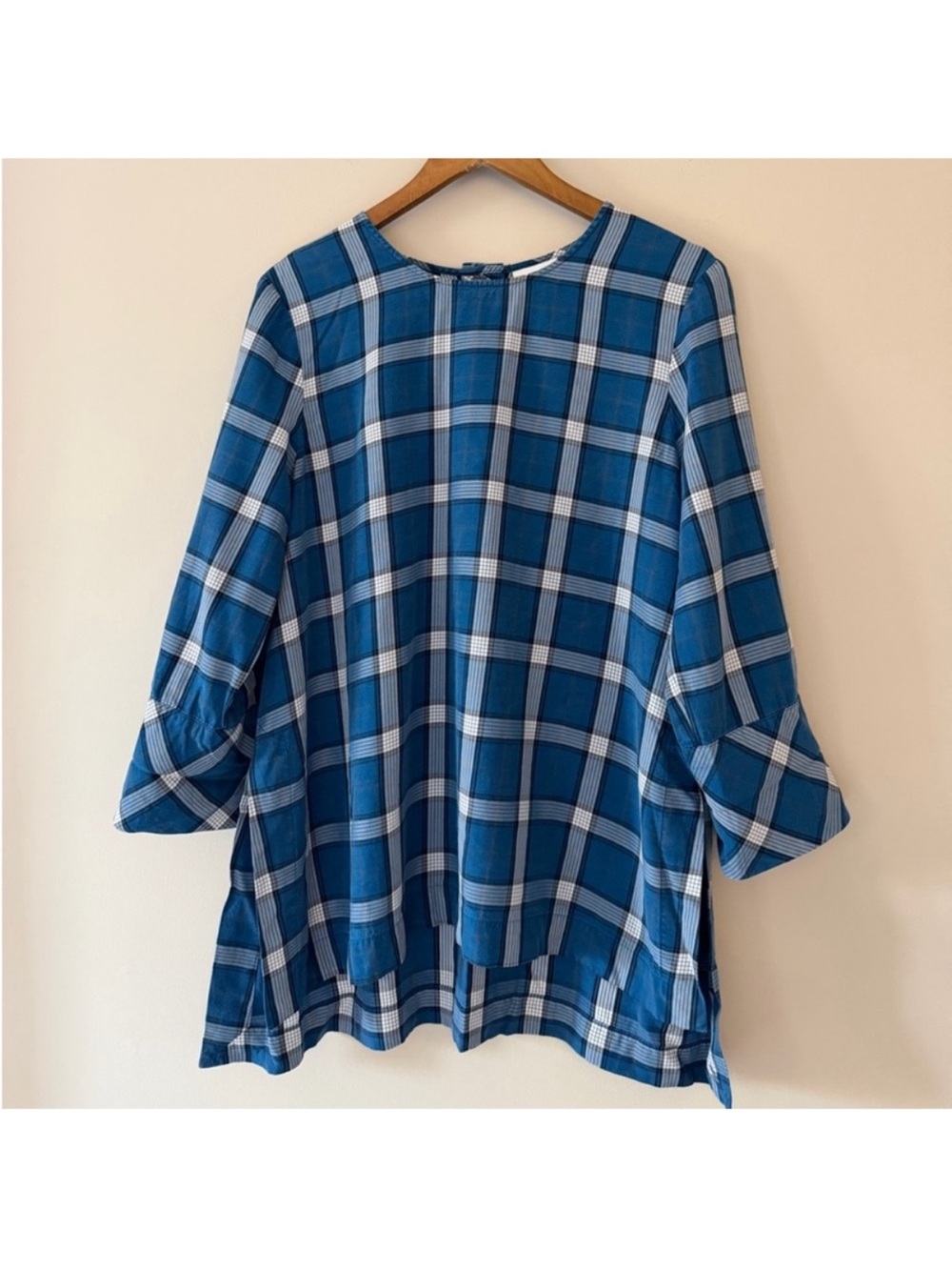 J. Jill Blue Plaid Relaxed Tunic Top Lyocell/Tencel Blend Size Large Petite
